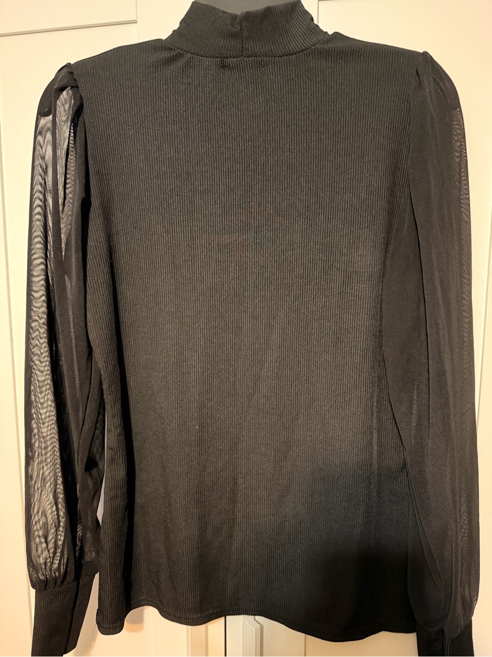 Boohoo Black Ribbed Mock Neck Long-Sleeve Shirt with Sheer Sleeves